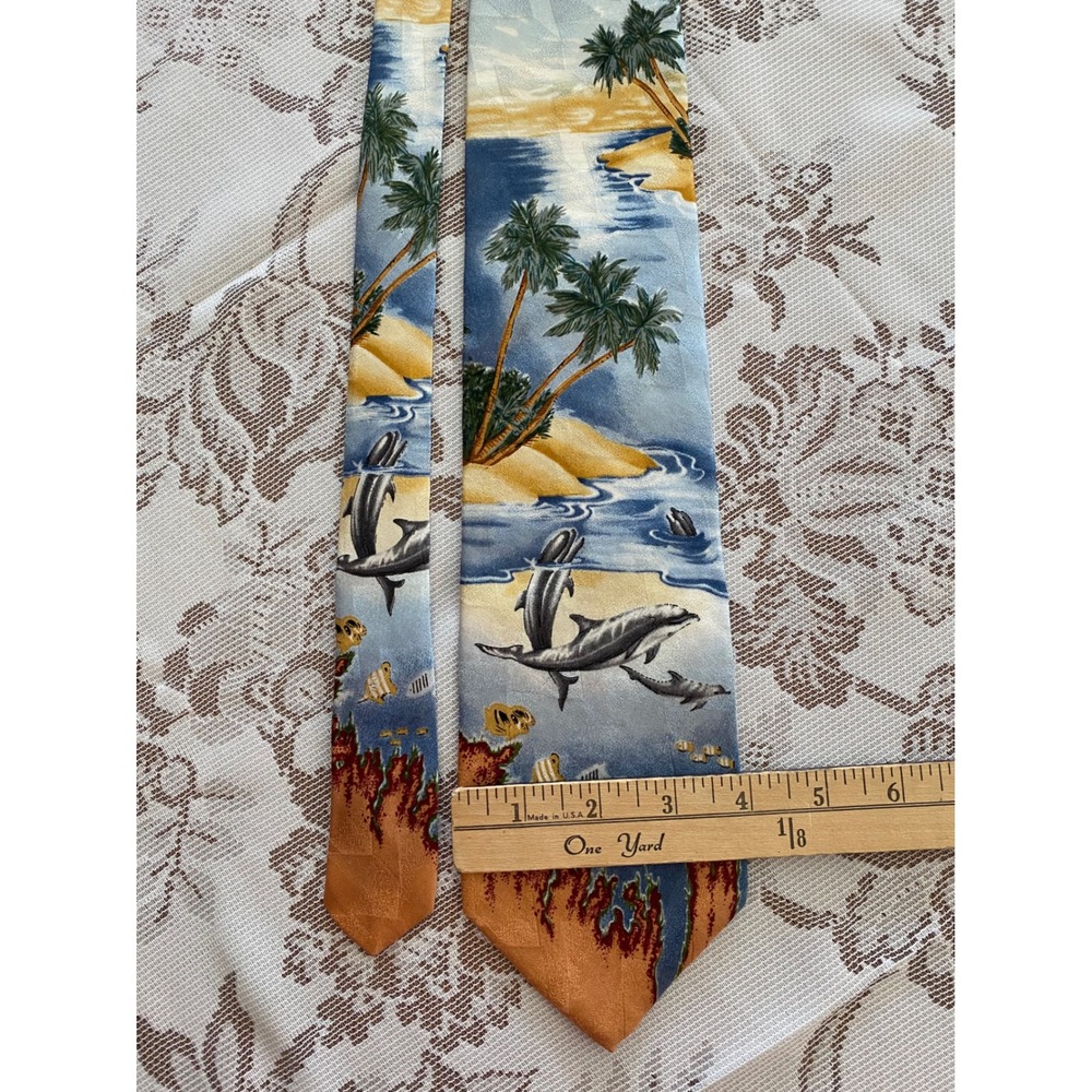Tango by‎ Max Raab Mens Silk Tie Tropical Island Dolphin Ocean Scene Blue Orange
